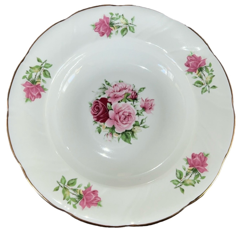 CERAMIC BOWL MARIA PATTERN FORMALITIES BY BAUM BROS ROSES & LEAVES, GOLD TRIM